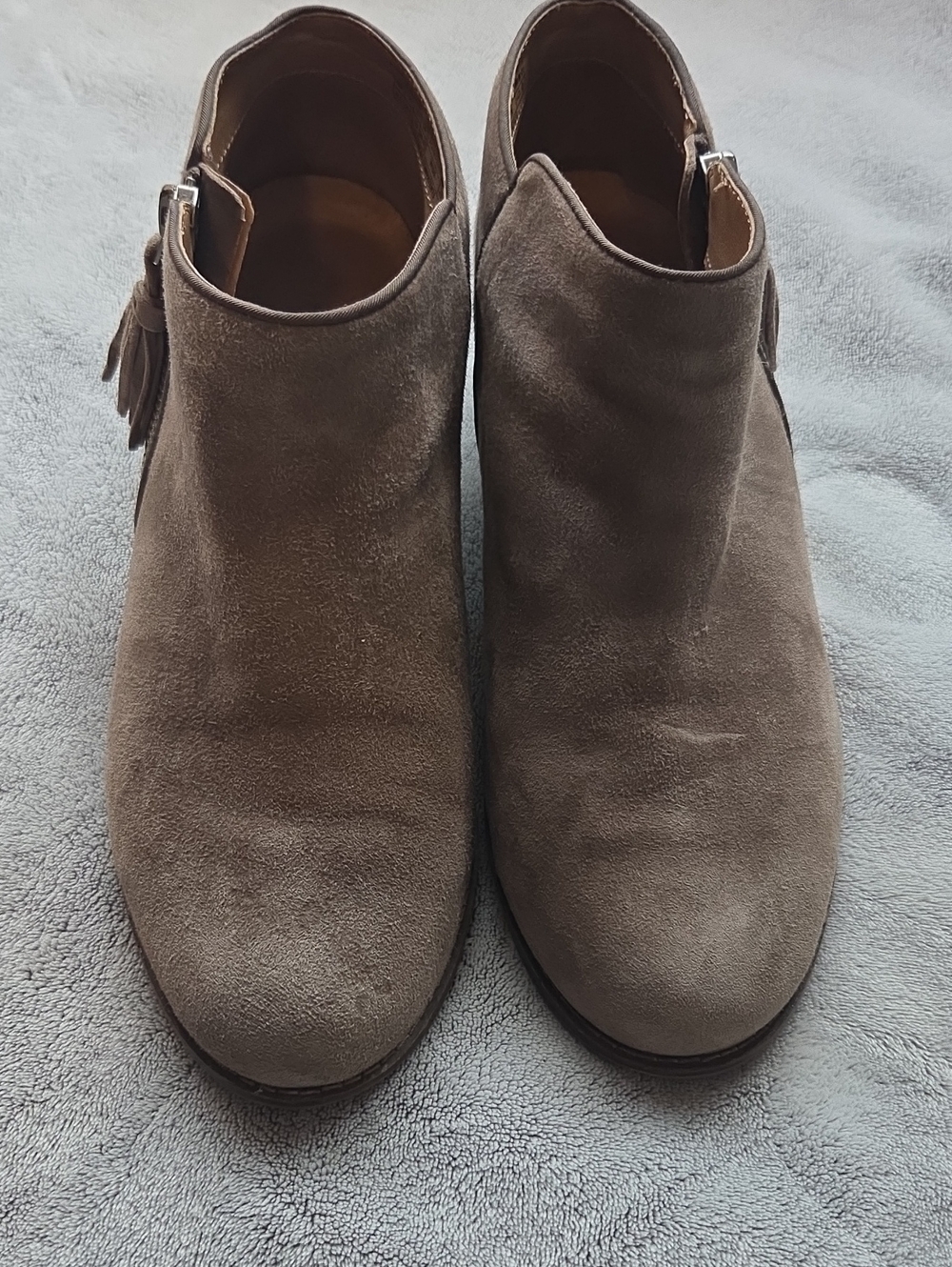 Vionic Taupe Suede Ankle Booties with Side Tassel